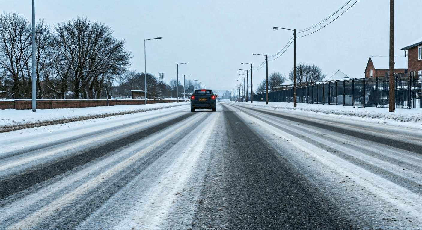 Car on snowy road with road salt