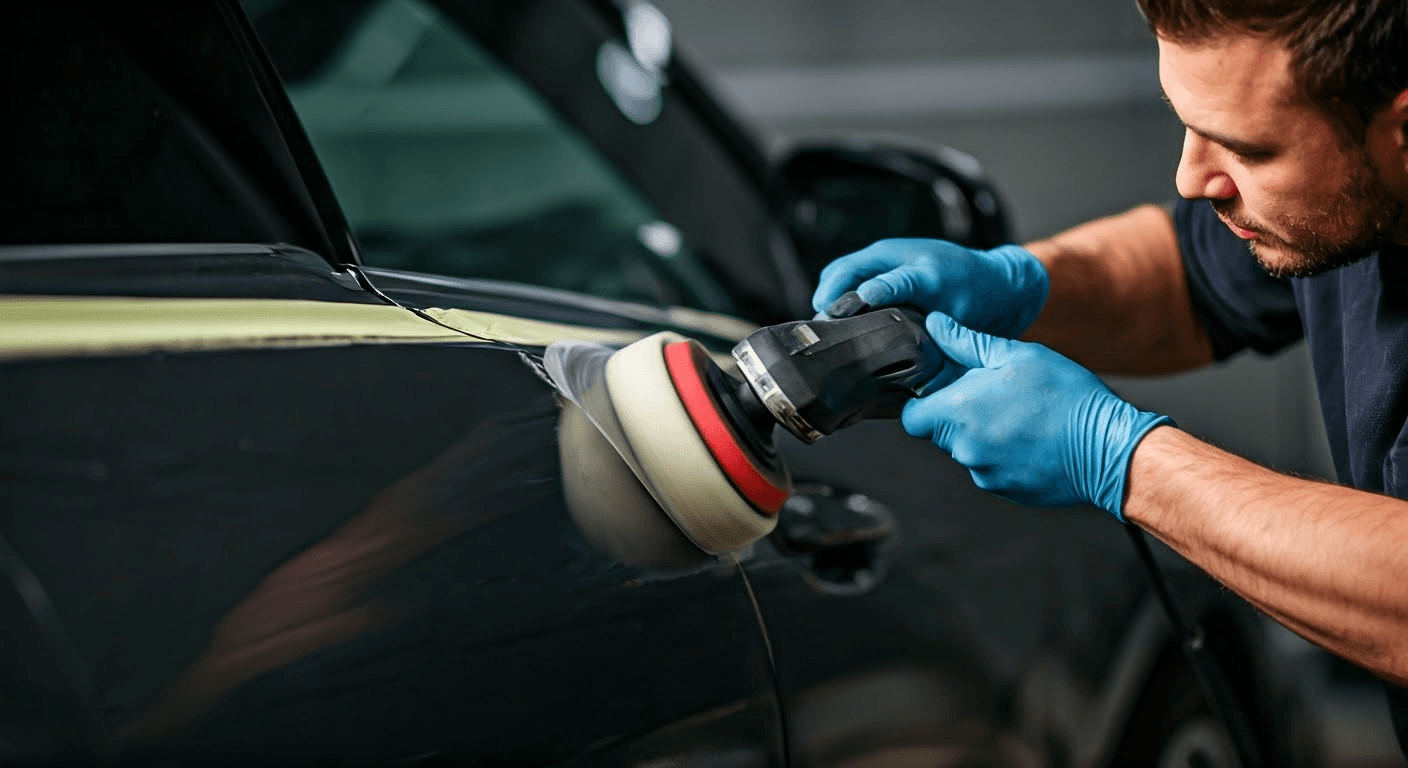 A man polishing a car with a power tool